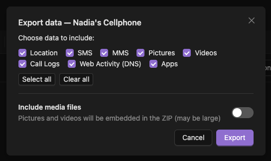 Start export from a device page Start export from a device page