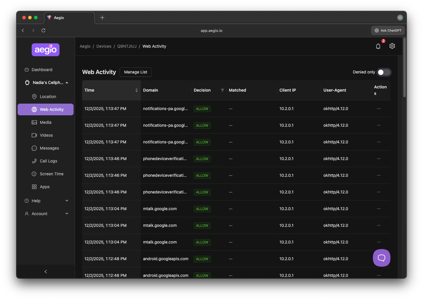 Web activity list Web activity list