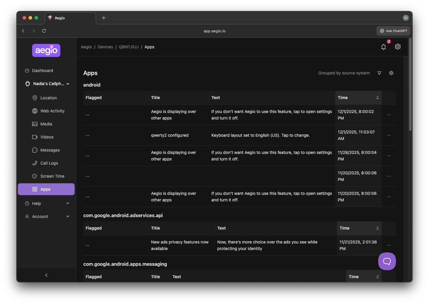 Notifications list Notifications list