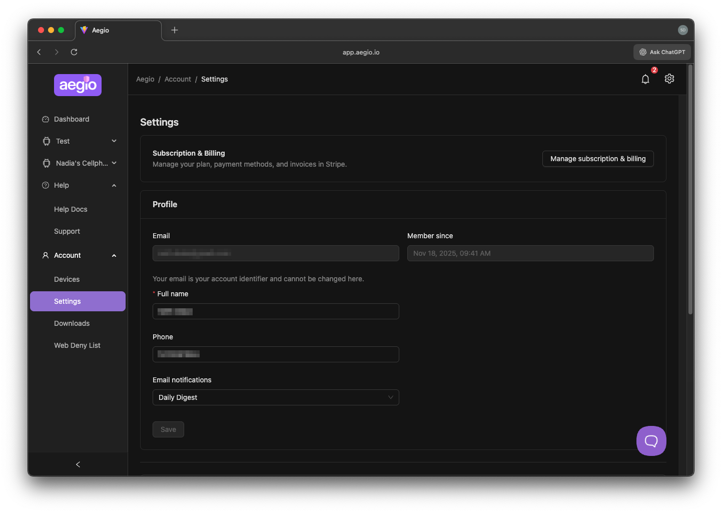 User settings page User settings page